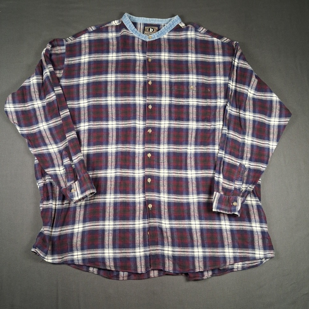 Vtg 90s Bon Homme Shirt Mens 3XL Maroon Plaid Band Collar Long Sleeve Button Up